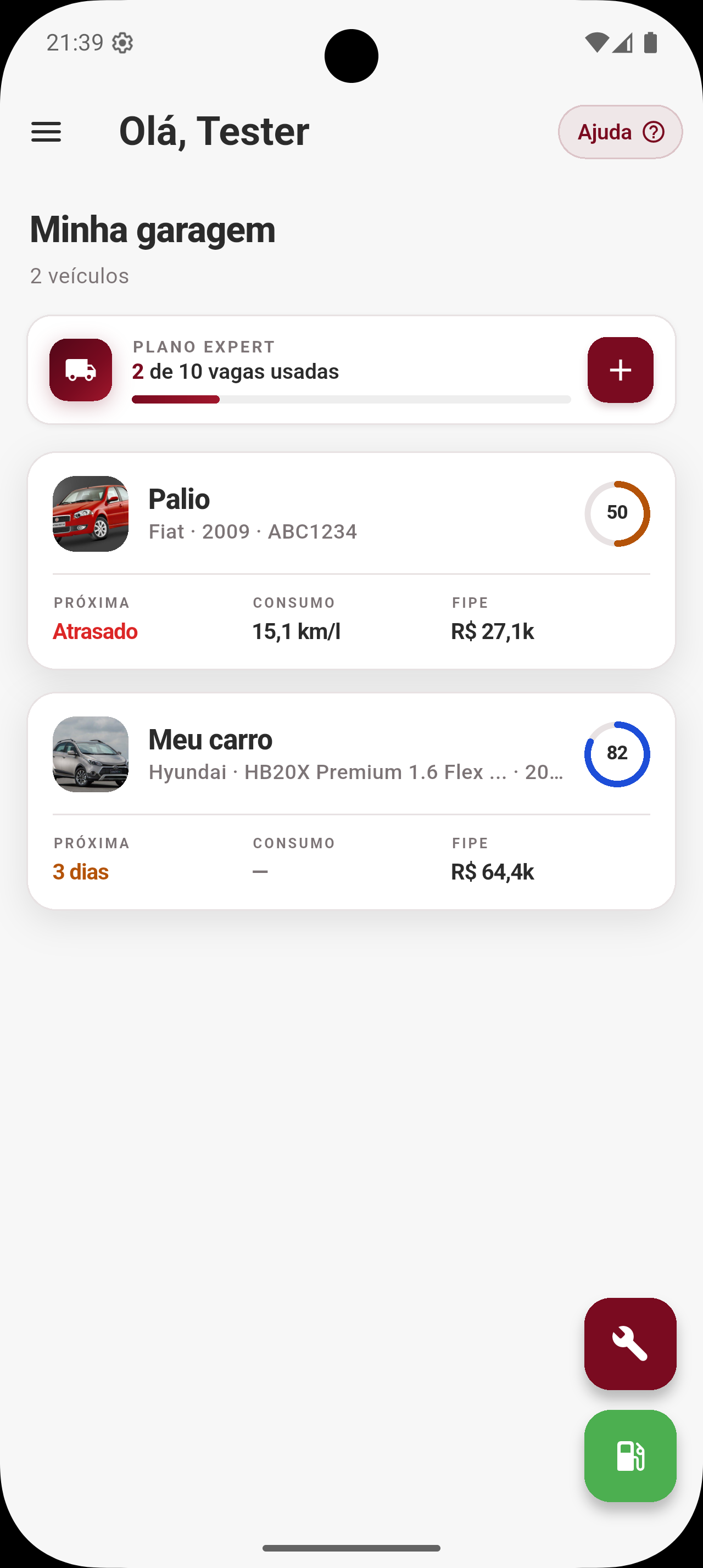 Tela Minha garagem — lista de ve&iacute;culos