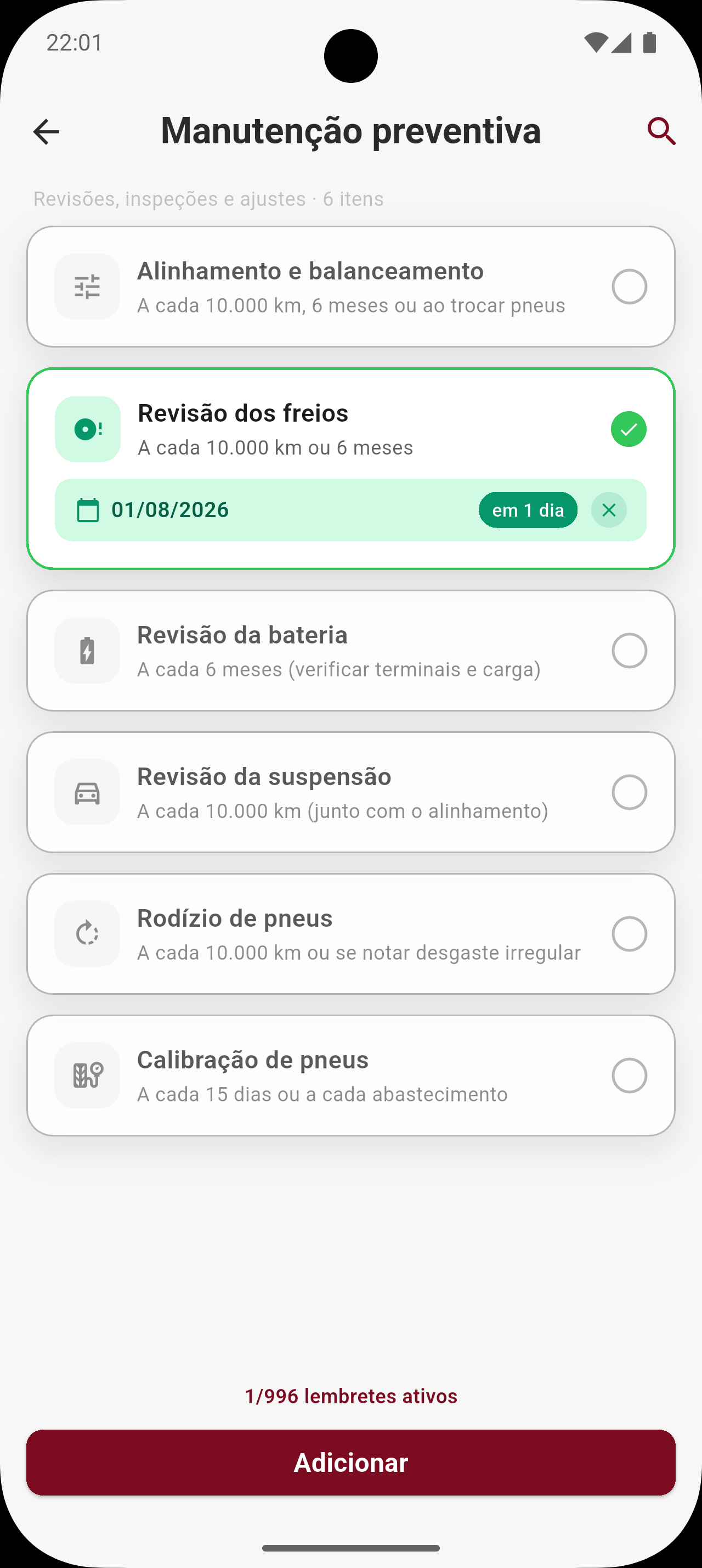 Cat&aacute;logo de servi&ccedil;os preventivos com sugest&otilde;es de data