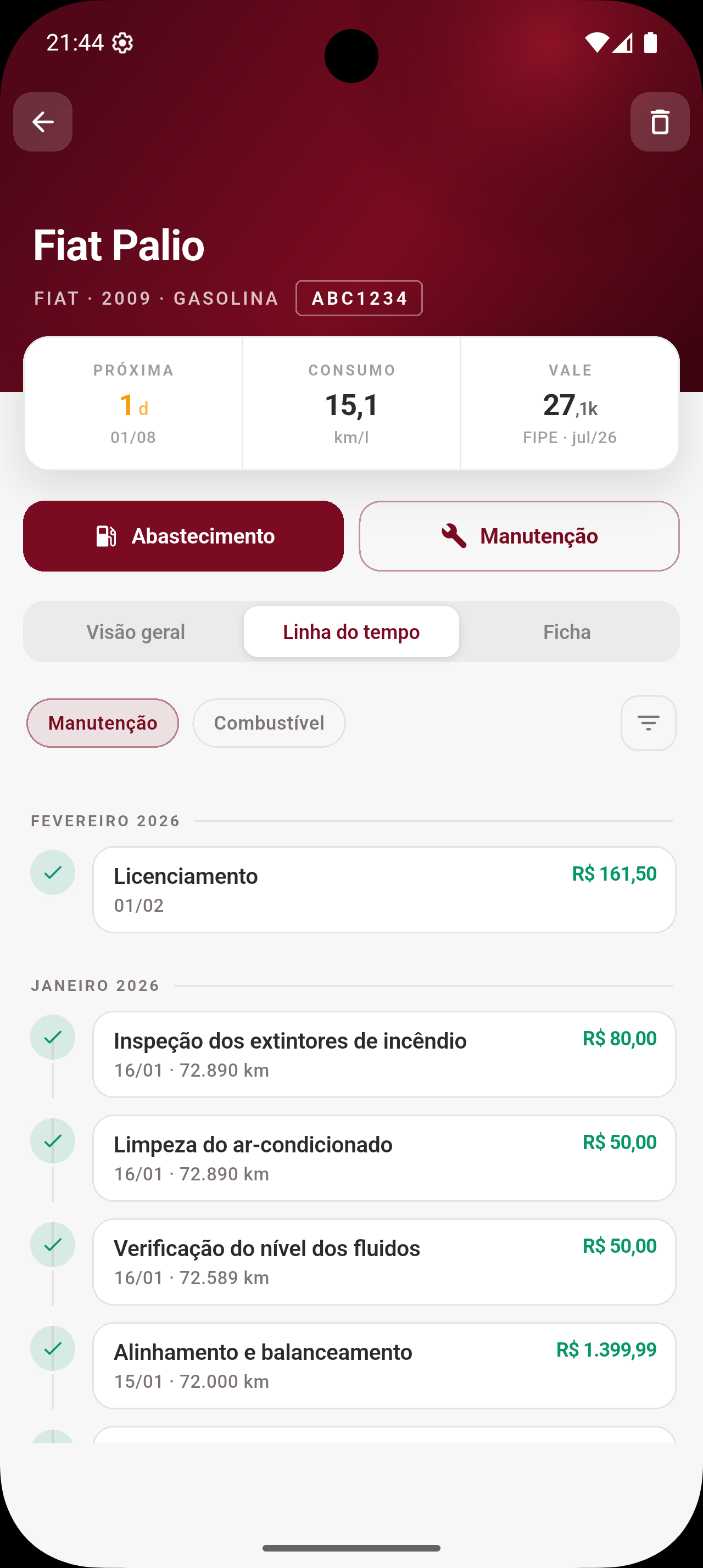 Linha do tempo com todos os servi&ccedil;os realizados