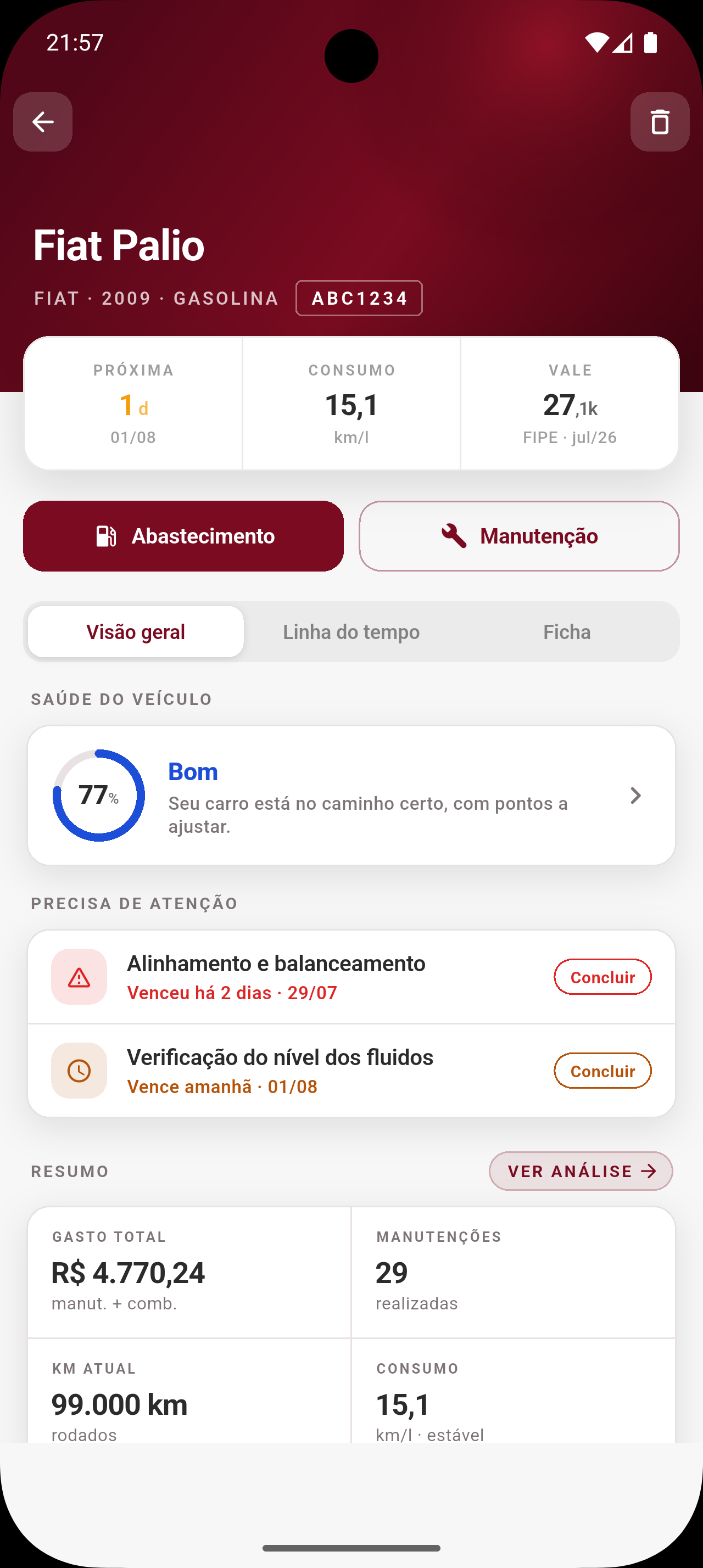 Vis&atilde;o geral do ve&iacute;culo com sa&uacute;de e alertas